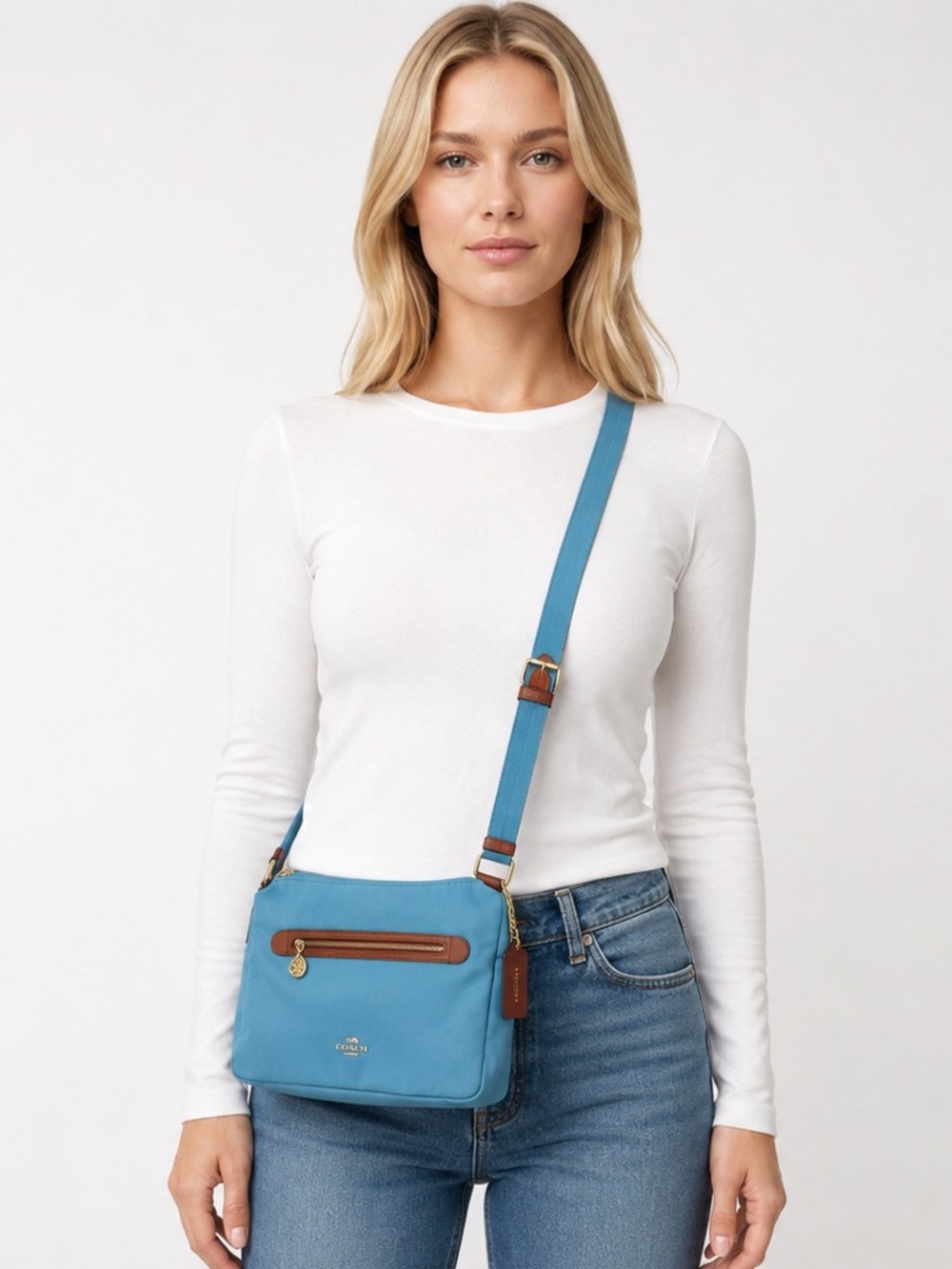 Coach Sawyer Canvas & Tan Leather Crossbody Bag in Blue Jay, Front Zipper Pocket
